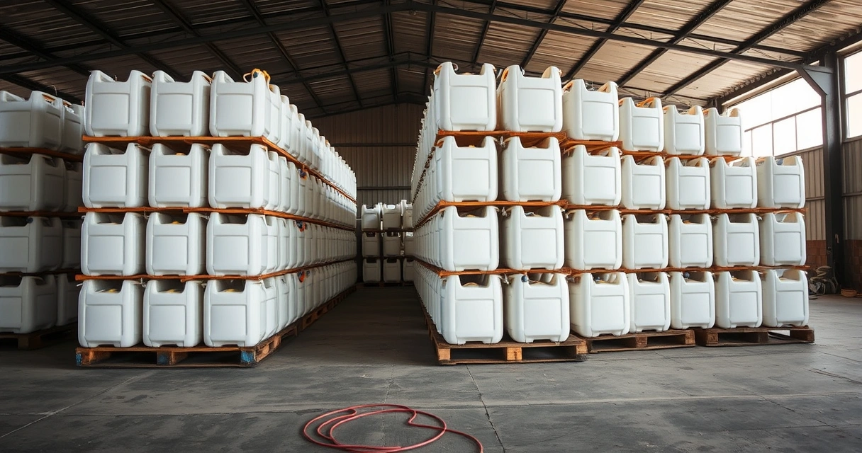 Galões plásticos empilhados em depósito coberto de galpão industrial